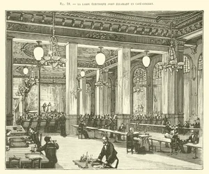 Die elektrische Jamin-Lampe beleuchtet ein Café-Konzert